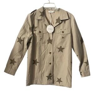 Storia Anthropologie Women's Beige Star Print Long Sleeve Button Down Shacket Sm